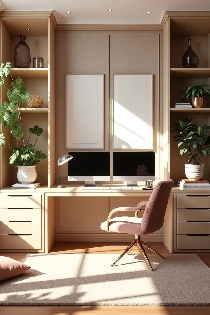Cozy Dual Monitor Soft-Toned Workspace Ideas for Elegant Homes