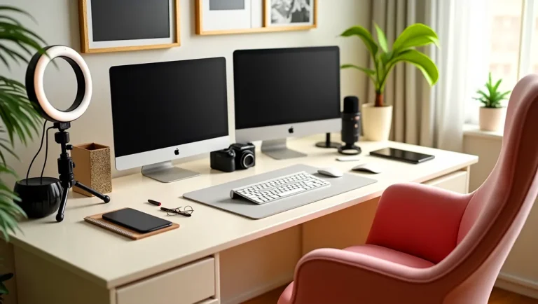 Minimal feminine content creator desk setup