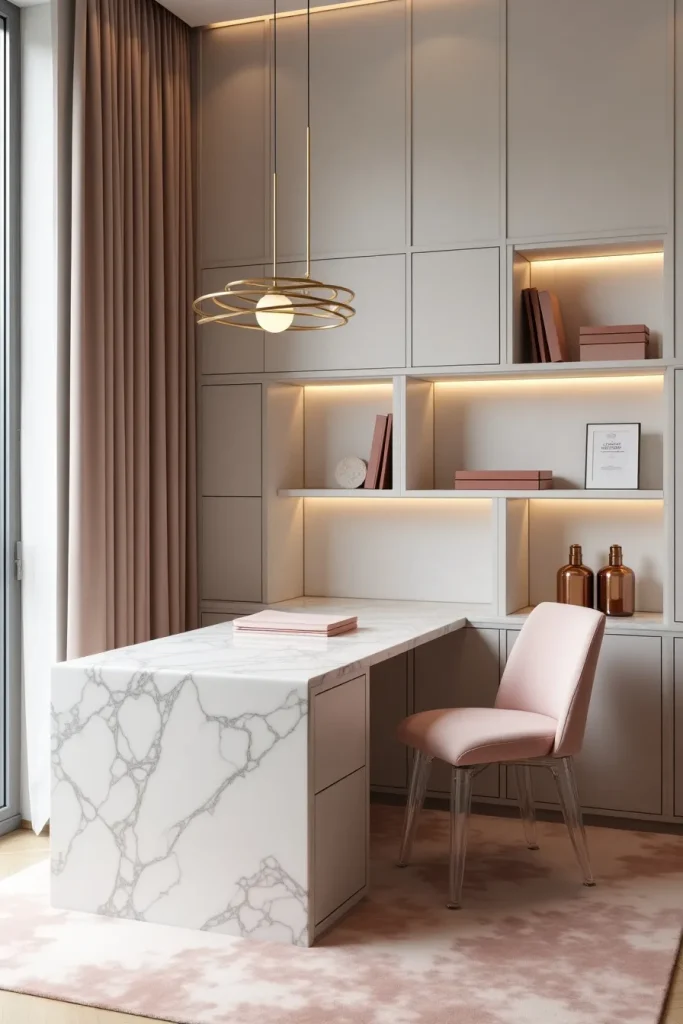 Obsessed with These Feminine Tiny Office Space Ideas in Marble & Blush