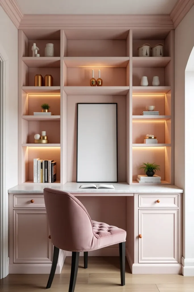 Obsessed with This Feminine Tiny Office Space Idea Built Into Bookshelves