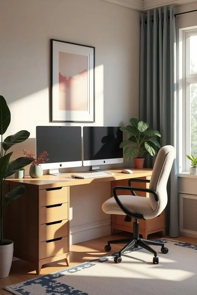 Space-Saving Dual Monitor Soft-Toned Workspace Ideas for Elegant Homes