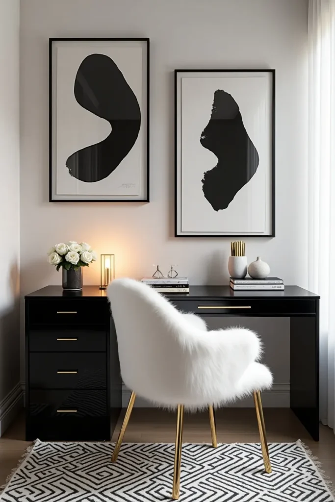 Striking Feminine Tiny Office Space Ideas in Luxe Monochrome