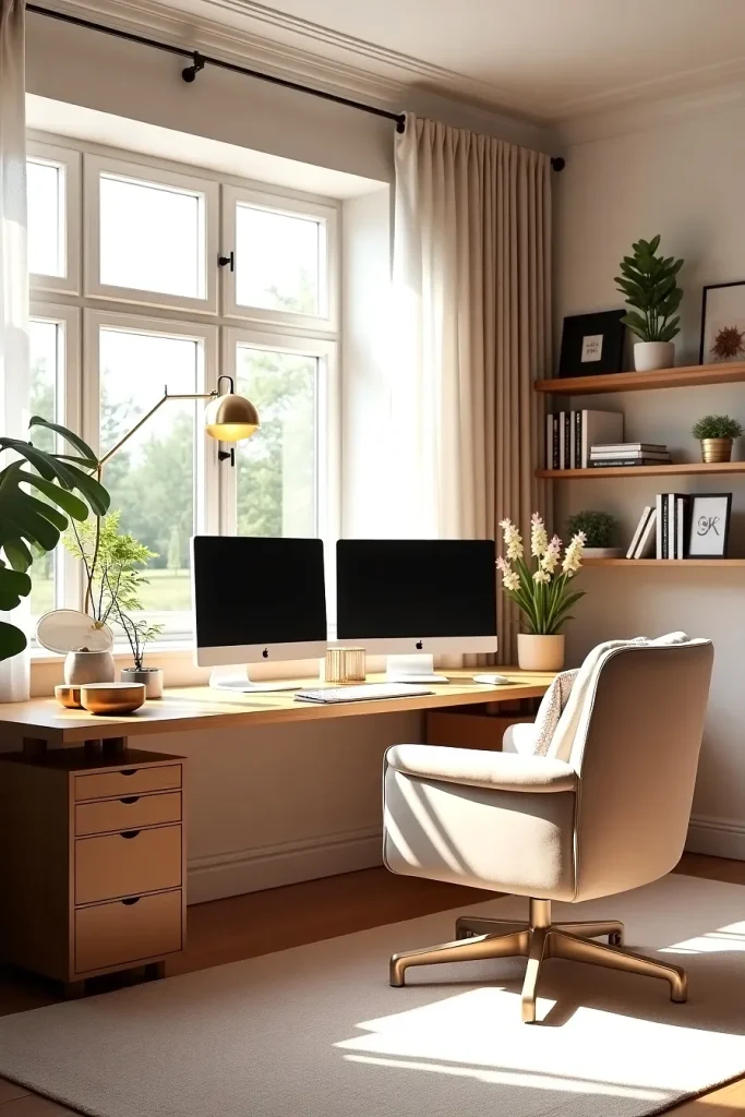 Stunning Dual Monitor Soft-Toned Workspace Ideas for Cozy Luxury