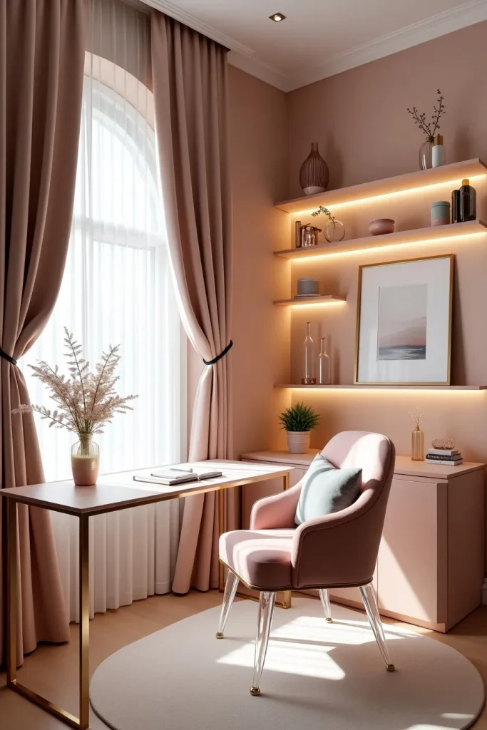 Stunning Feminine Tiny Office Space Ideas with Blush & Gold Glamour