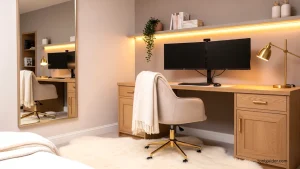 dual monitor soft-toned workspace ideas