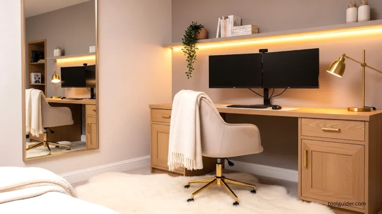 dual monitor soft-toned workspace ideas
