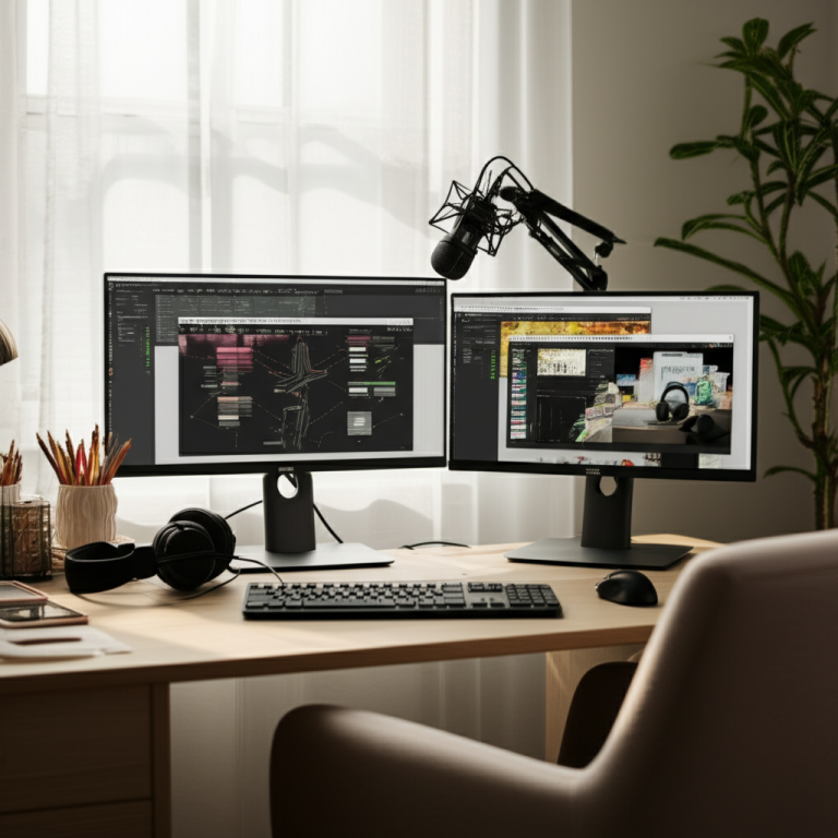 Feminine Workspace With Dual Monitors And Podcast Gear: Essential