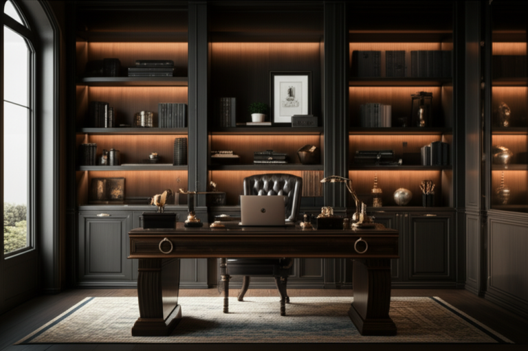 Moody Home Office With Bookshelves: Ultimate Essential